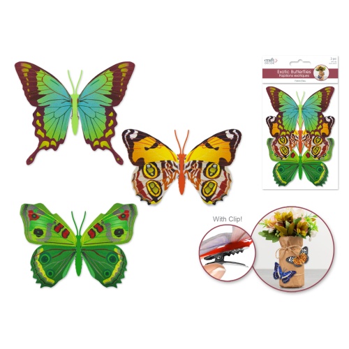 11cmx8cm Patterned Butterflies x3 w/Clip A) Green