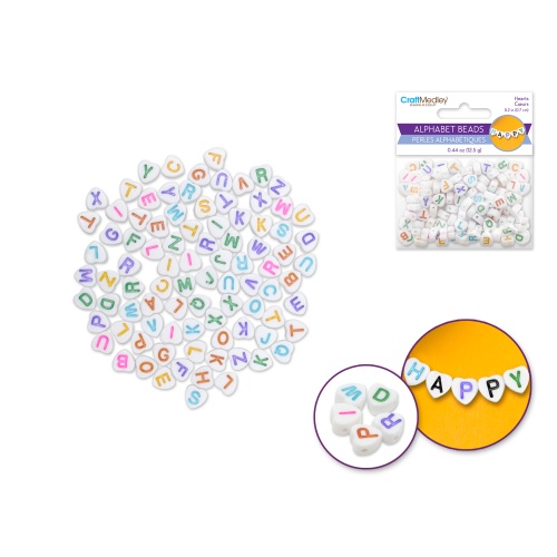Alphabet Beads: 6mmx7mm Heart x90 4mm(T) A) White w/Multi Letters