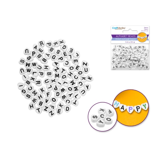 Alphabet Beads: 6mmx7mm Heart x90 4mm(T) B) White w/Black Letters