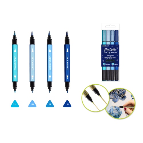 Metallic Dual-Tip Markers Fine+Brush 4pk Water Based A) Shades Of Blue