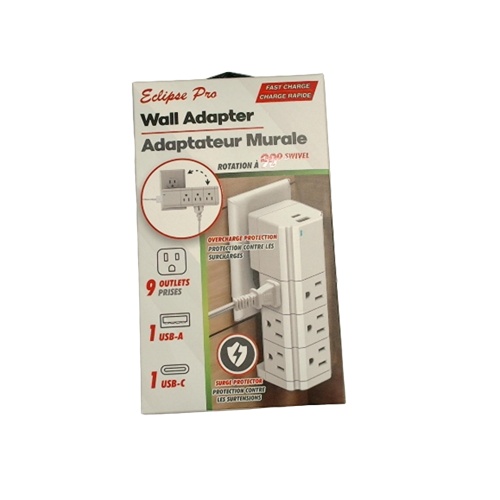Wall adapter 9 outlets 1 USB-A 1 USB-C fast charge - 90 degree swivel