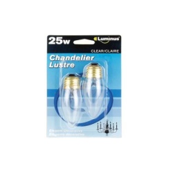 Chandlier bulb 25w 2pk Med Base clear Luminus