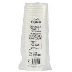 HOT CUPS 8OZ WHITE SINGLE WALL 25/SLEEVE CAFE EXPRESS