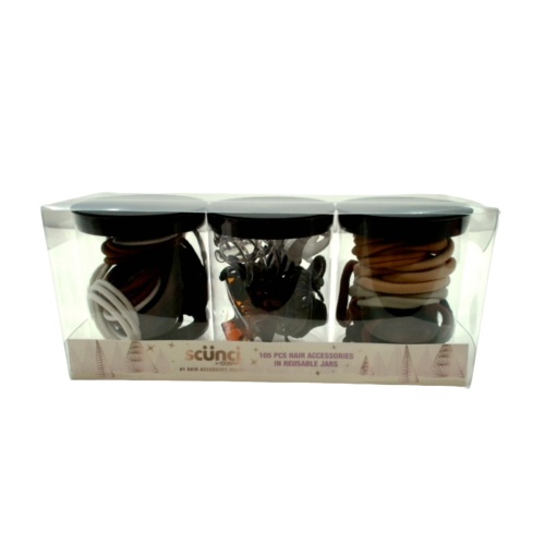 Hair Accessories In Reusable Jars 105pcs. 3 Jars Scunci