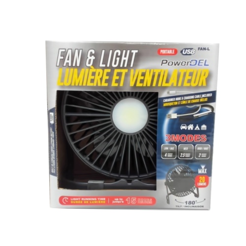 fan and light rechargable via USB 3 modes low - 4 hours med - 2.5hrs high - 2hrs 20 lumen