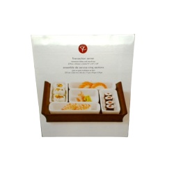 Five Section Server Stoneware Dishes & Wood Tray 11 X 10" X 1.8""