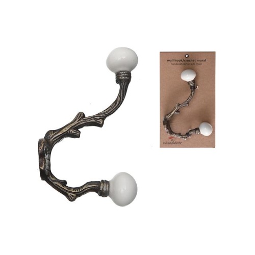 Iron French Hook With Ceramic Ivory Knob Antique Brass 1.25 X 3.25 X 5.5