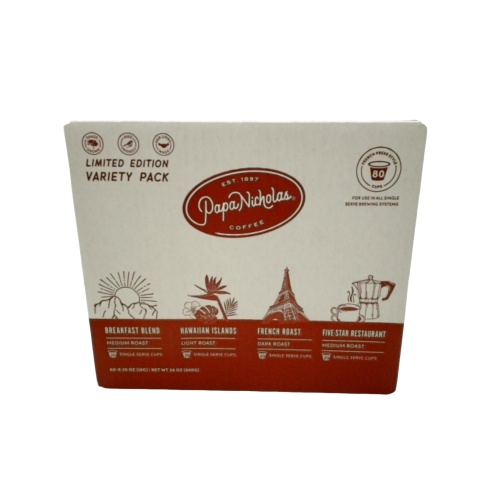 Papa Nicholas Coffee Variety Pack 80 - 10g. Cups (Breakfast, Hawaiian, French, Five-Star)