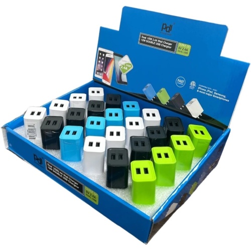 USB Wall Charger Dual USB 2.4A Ass't Colours