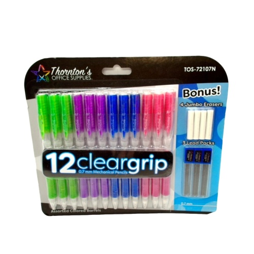 Mechanical Pencils 12pk. Cleargrip 0.7mm Ass't Colored Barrels