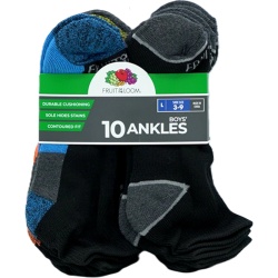 Socks Boy's 10pk. Ankles Black Assorted Size 3 - 9 Fruit Of The Loom