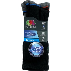 Socks Boy's 6pk. Crews Black Assorted Cool Zone Size 3-9 Fruit Of The Loom