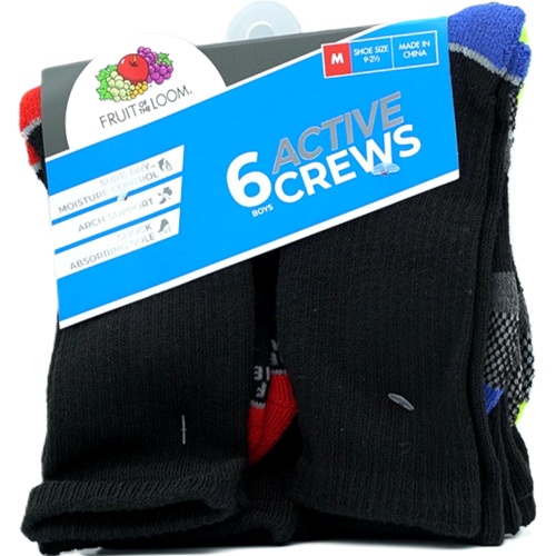 Socks Boy's 6pk. Crews Black Assorted Size 9 - 2-1/2 Fruit Of The Loom