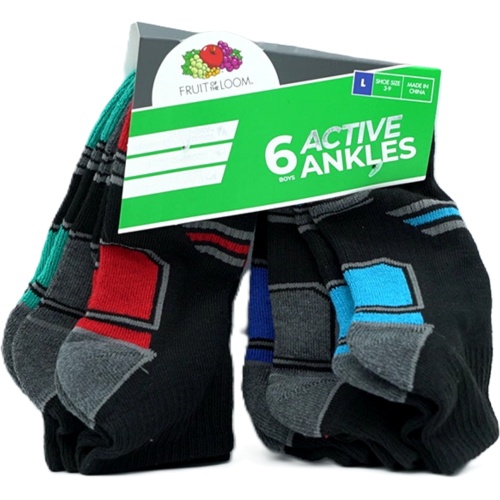 Socks Boy's 6pk. Ankles Black Assorted Size 3-9 Fruit Of The Loom