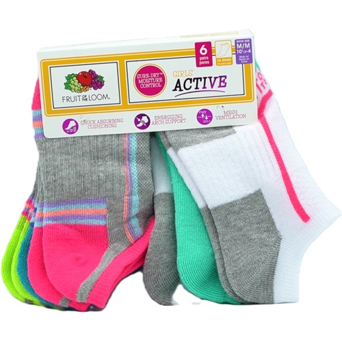 Socks Girl's 6pk. No Show Assorted Colours Size 10.5-4 Fruit Of The Loom