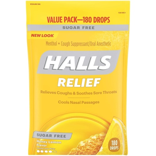 Halls Cough & Throat Relief Honey Lemon 180 Drops Sugar Free
