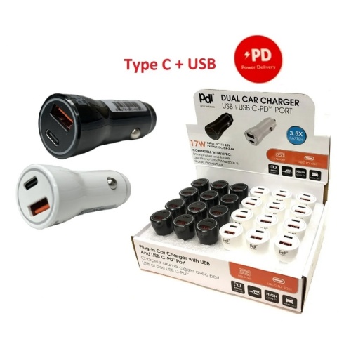 Car Charger USB C & USB A 17W Ass't Colours PDI