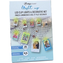 6.5' Decorative Net w/25 Photo Clips & LED String Lights Battery Operated Digipower