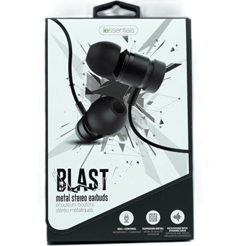 Metal Stereo Earbuds w/Mic + Control 3.5mm Black Blast Iessentials