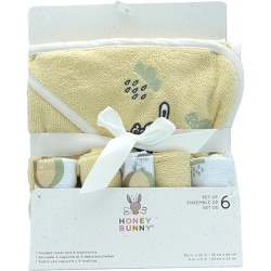 6pc. Wash Cloth Set w/Hooded Towel Yellow Honey Bunny