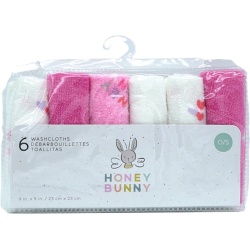 Washcloths 6pk. 9 x 9" Pink & White Honey Bunny"