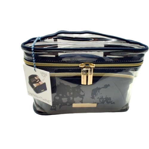 2pc. Luxe Caviar Train Case Set Clear/Blue Tartan + Twine
