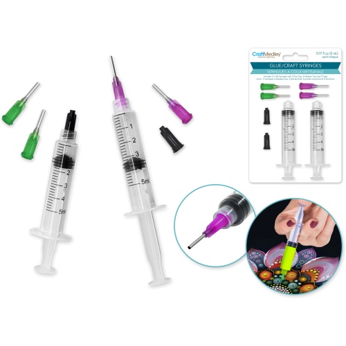 Craft Medley: 5ml Glue/craft Syringe 2pc W/2ea Fine+med Tips & 2 Caps
