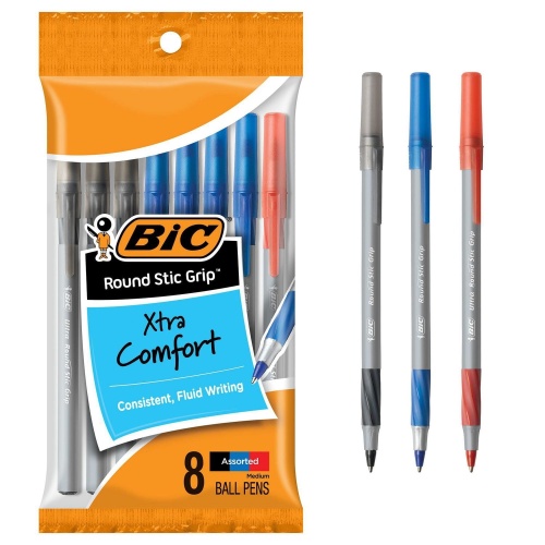 Bic 8pk. Ball Pens Assorted Colours Xtra Comfort Round Stic Grip